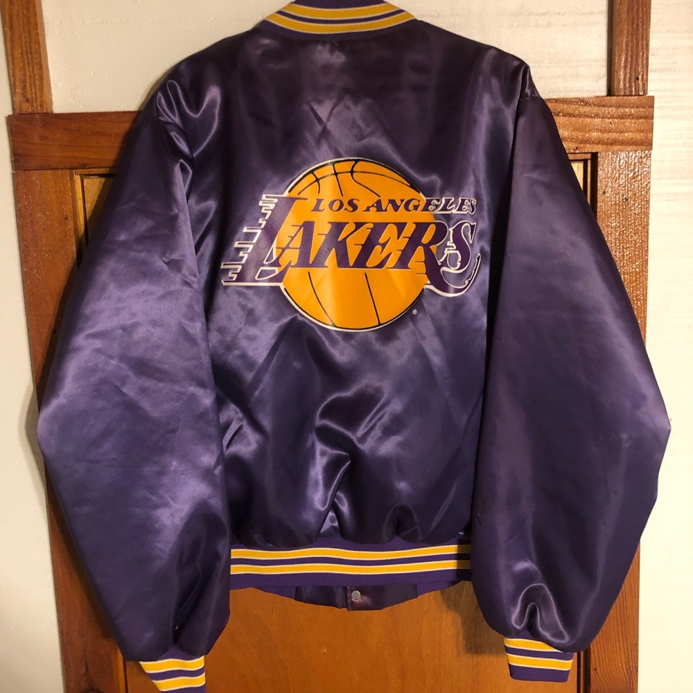 Vintage Locker Line Lakers Basketball Satin Bomber Jacket Large Decal Size L